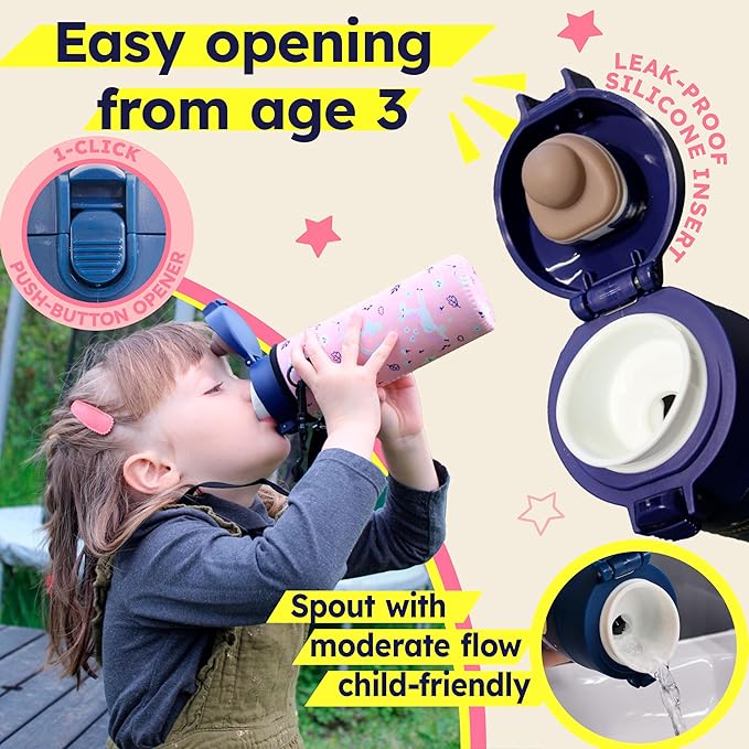 Stainless Steel Water Bottle Kids 12 oz With Carrying Pouch| Insulated Water Bottle For Kid, Toddler, Girls or Teen | Leakproof, BPA-Free |Little Metal Tumbler for School, Pink Unicorn Girl