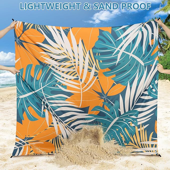 Beach Blanket Waterproof Sandproof Beach Mat 79βx 83β for 1-4 Adults Quick Drying Durable Outdoor Picnic Mat for Beach Festival Travel Camping Hiking (BK&GN&O-Palm, 79"Γ83"(4 Person))