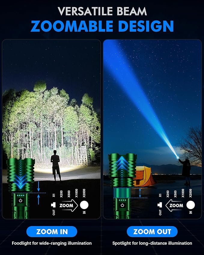 Super Bright Rechargeable LED Flashlights,True 2500000 High Lumens, Powerful Tactical Flashlight Up to 25H Long Battery Life |Zoomable|5Light Modes|IP67 Water Resistant for Camping (Green)