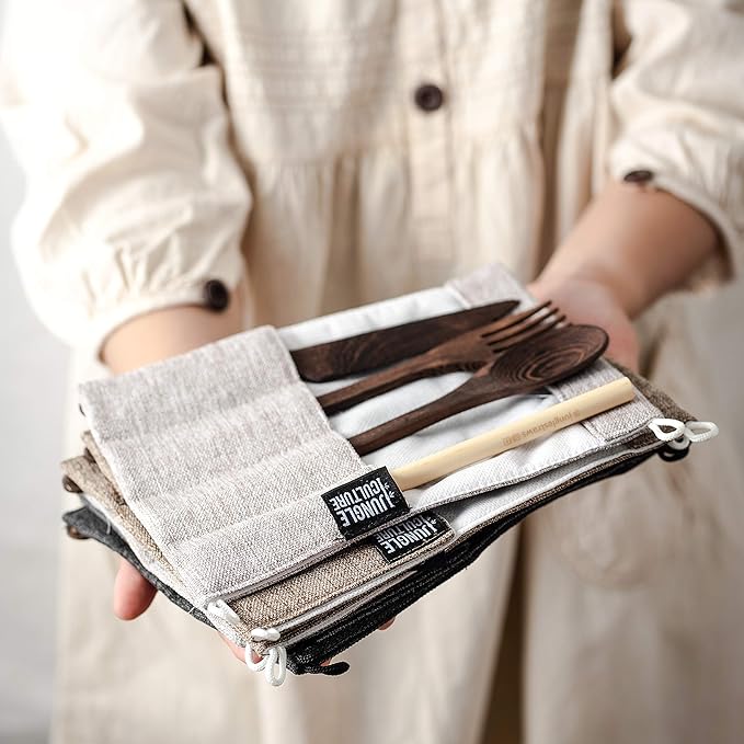 Jungle Culture® Premium Wooden Travel Utensils • Knife, Fork, Spoon, Straw, Case • Eco Friendly Alternative to Bamboo Cutlery • Coconut Bowls Zero Waste Reusable Flatware • Portable Camping Picnic Set