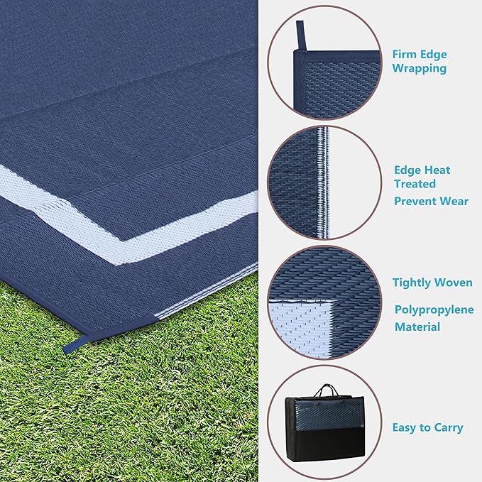 Ogrmar 9x12 FT Reversible Mats, Outdoor Rug for Patio Clearance, Waterproof Carpet, Plastic Straw Rug for Indoor Outdoor, Floor Mat&Rug for RV Porch Camping Backyard Deck Balcony Beach Trailer (Blue)
