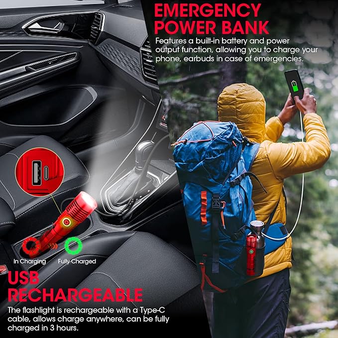 Rechargeable Flashlight High Lumens, 12000 High Lumens Super Bright Flash Light, 1500 Meter Long-Range Zoomable LED Flashlights for Emergency, EDC, Searching, Waterproof Flashlight Dimmable Red 2Pcs