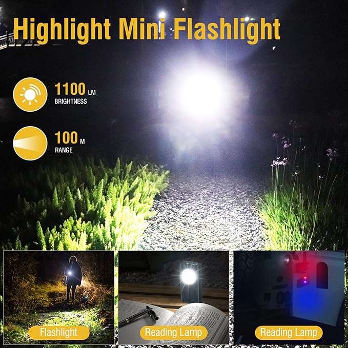 V7 Mini Powerful EDC Flashlight High Lumens 1100LM LED Rechargeable Flashlight with Magnetic and Cilp,Small Pocket Flash Light with Red Blue UV Light for Camping, Underbody Repair(Grey)