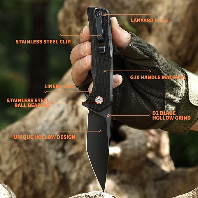 Everyday Carry EDC Knife, Safety Liner-Lock Practical Pocket Knife, D2 Steel G10 Lightweight Handle, Outdoor Camping tactical Knives, Black, Folding 3.54in