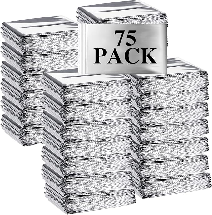 Macarrie 75 Pack Emergency Foil Thermal Blankets Silver Foil Survival Blanket Space Blanket Survival Kit for Outdoors, Camping, Hiking, Homeless, Survival or First Aid, Silver