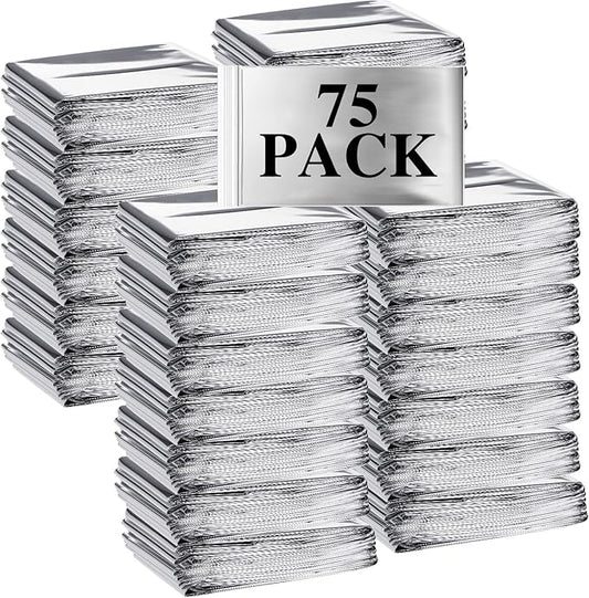 Macarrie 75 Pack Emergency Foil Thermal Blankets Silver Foil Survival Blanket Space Blanket Survival Kit for Outdoors, Camping, Hiking, Homeless, Survival or First Aid, Silver