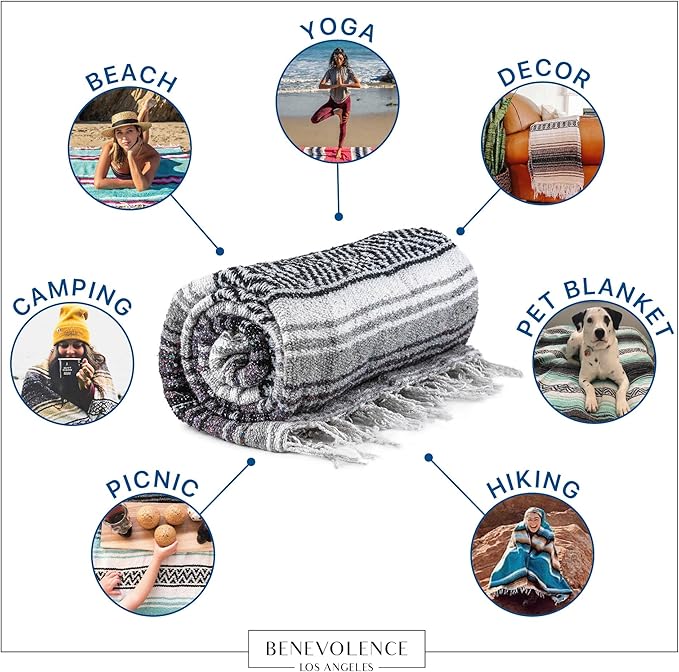 Benevolence LA Authentic Handwoven Mexican Blanket, Yoga Blanket - Perfect Outdoor Picnic Blanket, Beach Blanket, Camping Blanket, Equestrian Saddle Blanket, Serape Blanket 50x70 inches - 1 Blanket