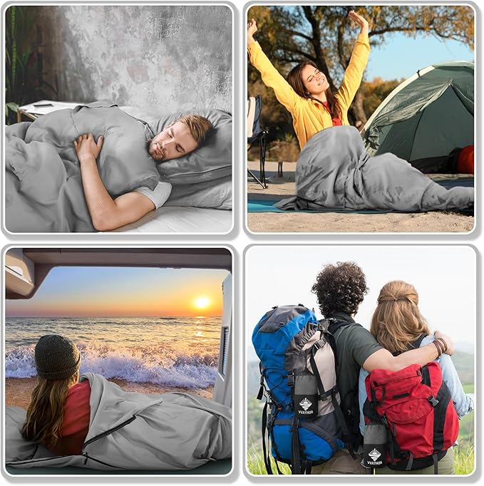 Sleeping Bag Liner, Sleep Sack Travel Sheets, Two-Way-Zipper Expose Feet Separately, Portable Single Camping Sheet for Hotel,Hostels,Business Trips