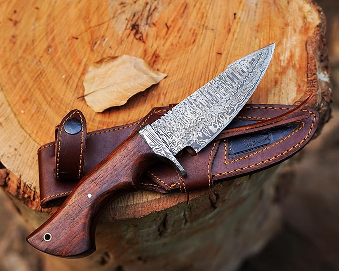 10″ Handmade Damascus Hunting Knife with Leather Sheath - Predator Hunter Damascus Steel Knife Ideal for Skinning, Camping and Outdoor - EDC Fixed Blade Bushcraft Knife Full Tang