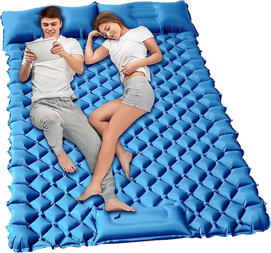Double Sleeping Pad for Camping, 2 Person Ultralight Inflatable Sleeping Mat with Pillow and Built-in Foot Pump, Portable Camping Mattress for Tent, Backpacking, Hiking, Traveling(Blue