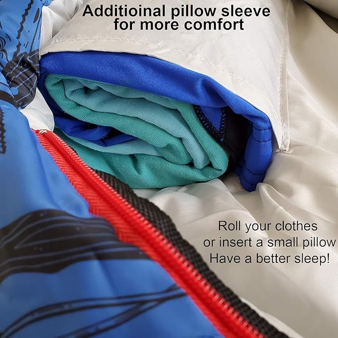 KidzAdventure Mummy Style 32 – 59F Kids Sleeping Bag with Pillow Sleeve, 4 Season, Lightweight and Backpacking Style, Ideal for Camping, Sleepover, Boys, Girls, Youth and Toddlers