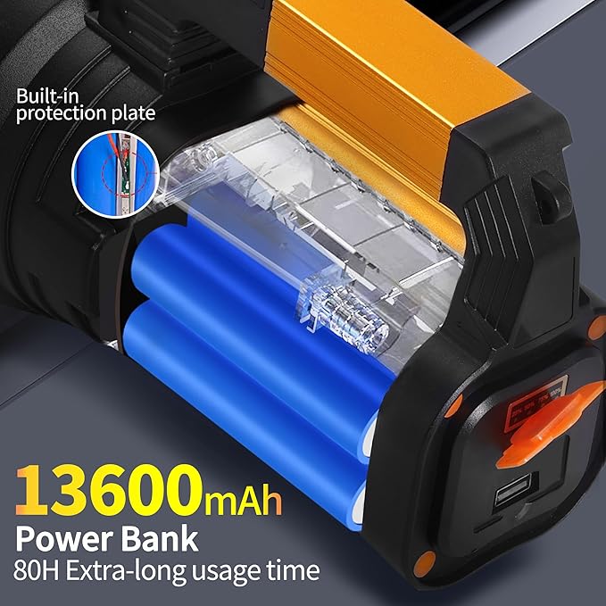 Rechargeable Flashlight 1000,000LM 13600mAh Spotlight Flashlight IP67 Waterproof Handheld Spotlight with Double Side Lights Super Bright Flashlight Outdoor,Huting,Boat,Camping,Emergency