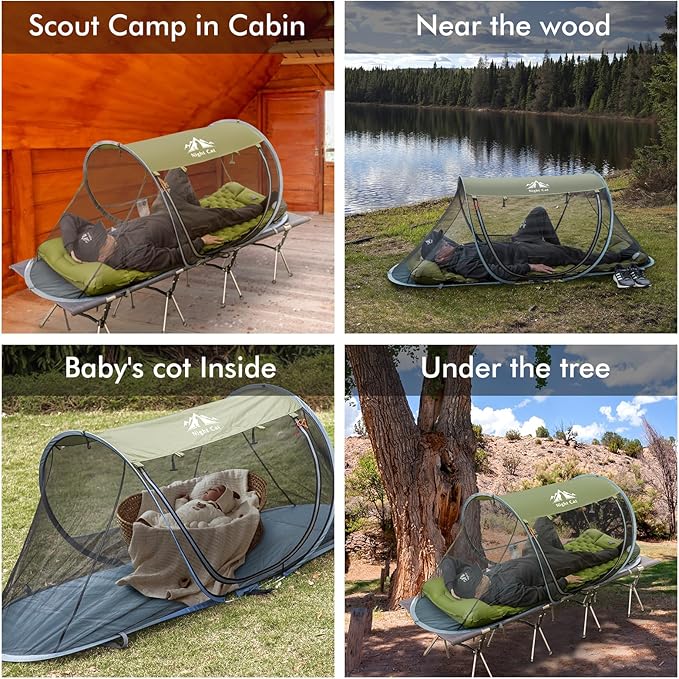 Night Cat Pop-up Mosquito Tent: 1 Person Camping Tent with Bug Screen Net Adults Kids Fits with Camping Cot (Exclueded)