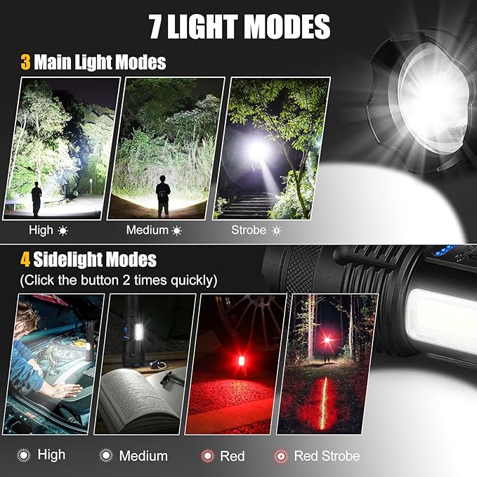 Rechargeable LED Flashlights High Lumens, 2 Pack 990000 Lumens Super Bright Flash Light with 7 Modes & COB Light, IPX7 Waterproof, USB Fast Charging Flashlights for Camping, Home, Emerge∩cies
