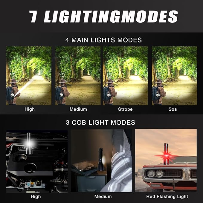 Flashlights High Lumens Rechargeable,300000 Lumens Super Bright Flashlights, 7 Modes with COB Work Light, Zoomable, IP67 Waterproof Flash Light with Cases for Emergency Camping