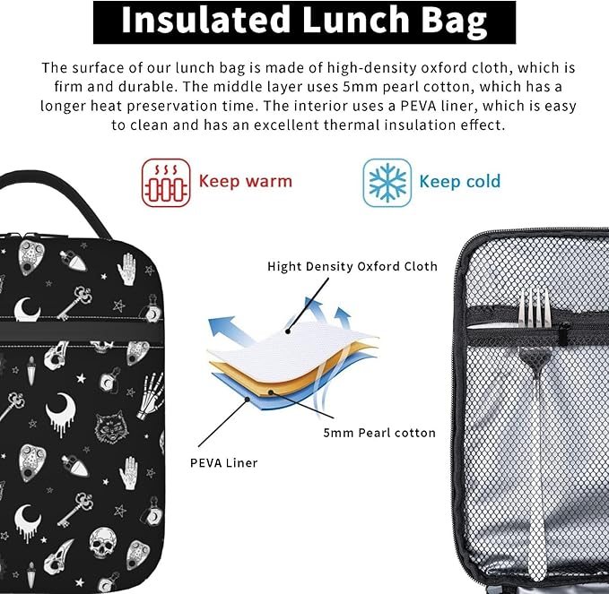 Gothic Skull Lunch Bag Insulated Reusable Lunch Box Thermal Cooler Tote For Men Women Work Travel Picnic Hiking