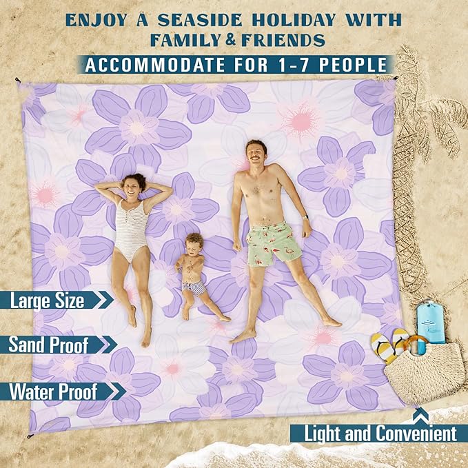 Beach Blanket Sandproof Waterproof 78''×110'' 1-7Adults Oversized,Compact Lightweight Durable Beach Mat for Travel Camping Hiking Picnic Blanket