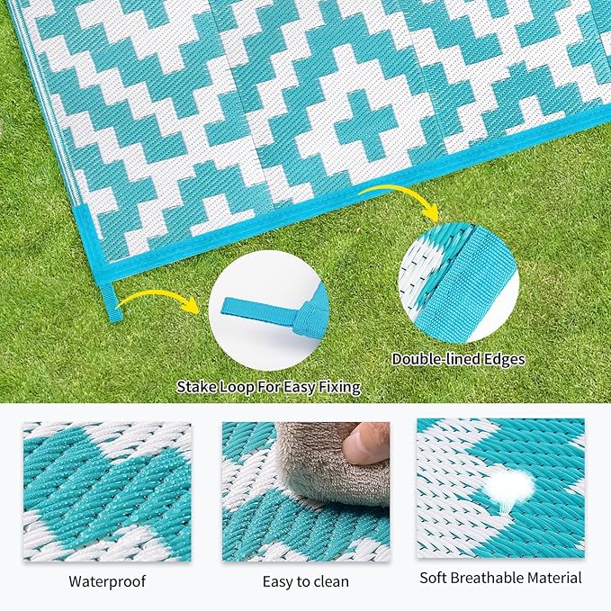 Outdoor Patio Plastic Straw Rug - 6'x9' Outdoor Camping Rug Waterproof Reversible, Area Carpet Patios Clearance RV, Outside Porch Balcony Deck for Camper, Blue & White