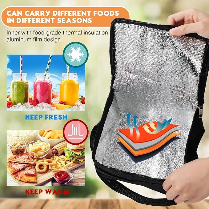 Amyhill 40 Pcs Insulated Lunch Bags Bulk Reusable Cooler Tote Bags Leakproof Thermal Lunch Box Waterproof Freezable Lunch Bag Beverage Bag with Strap for Men Women Office Work Picnic Beach (Black)