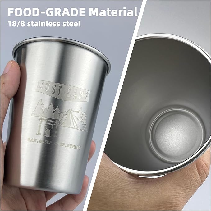 Camping Cups 11 oz (4 Pack) - Stackable Stainless Steel Tumblers | Metal Drinking Glasses | Great for Kids, Hiking, Camping, and Picnics | Unique Gifts (silver)