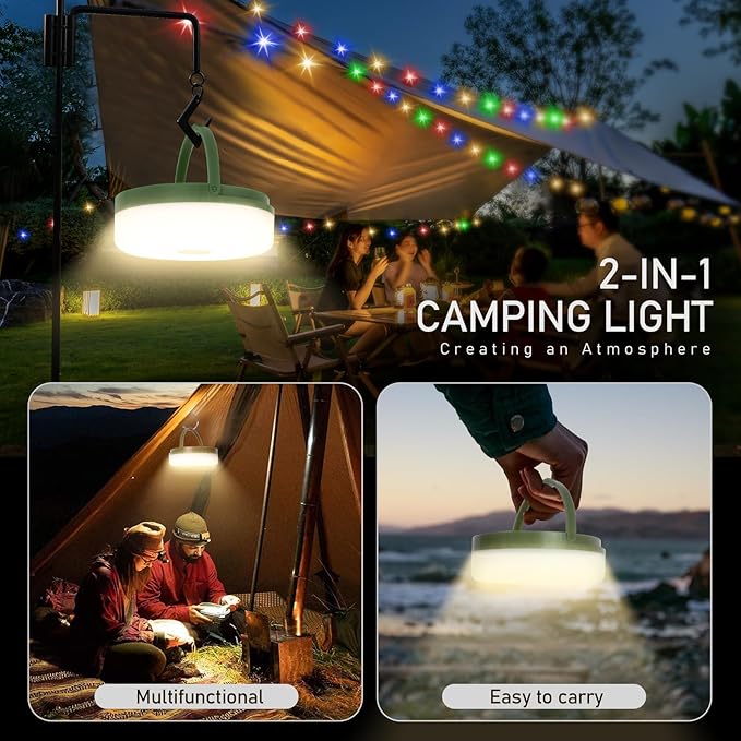 Camping String Lights,Solar Rechargeable Portable Outdoor LED String Light with Remote Control(39.4 Ft Multicolored Lights),Yard Tent Hanging Garden Party Festival Deco String Lights
