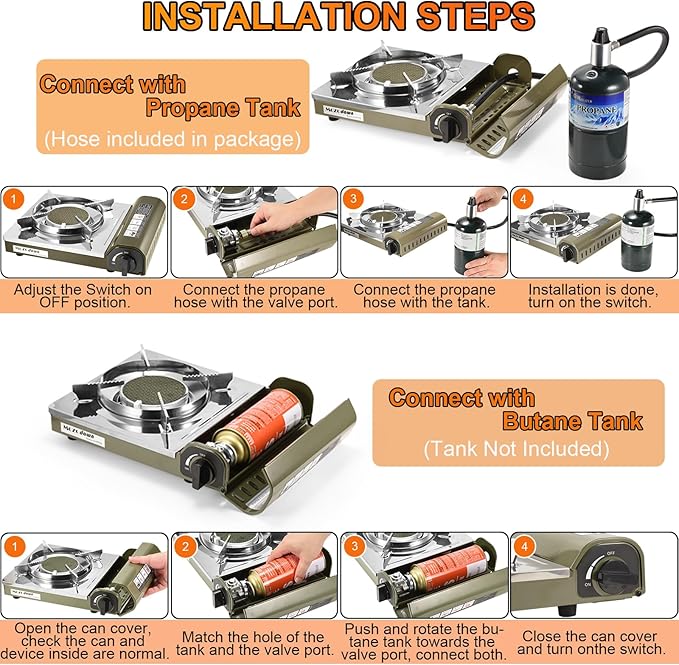 Dual Fuel Camp Stove, 8000 BTU Infrared Butane & Propane Portable Gas Stove, Windproof Single Burner with Carrying Case | Storage Bag | Hose Adapter, Outdoor Camping Essentials