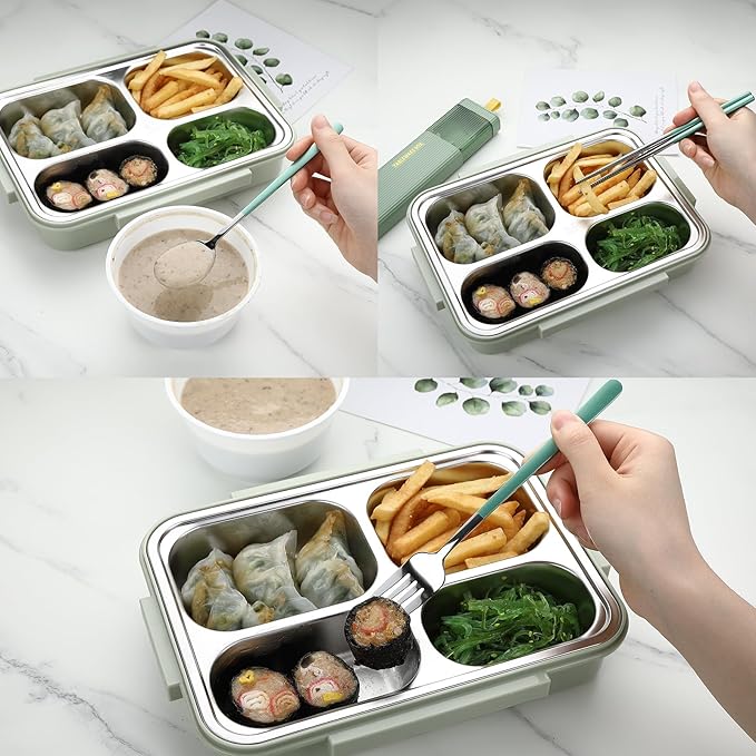 DEVICO Travel Utensils with Case, Stainless Steel Reusable Camping Silverware Set for Lunch Box, Portable Cutlery Kit Includes Fork, Spoon, Chopsticks (Green)