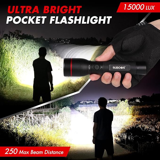 SUBOOS X50 Pro LED Rechargeable Flashlight, Super Bright 15000 Lux, Long Lasting, USB-C, Compact, Heavy Duty, Tactical 5 Modes, 250M Range, Small Wateproof Flash Light for Fishing, Camping