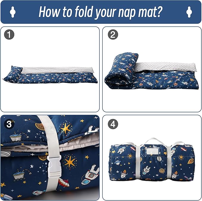 Bunnikins & Clover Toddler Nap Mat with Removable Pillow, Nap Mats for Preschool, Easy Clean Toddler Nap Pad for Kindergarten, Kids Sleeping Bag for Travel Camping