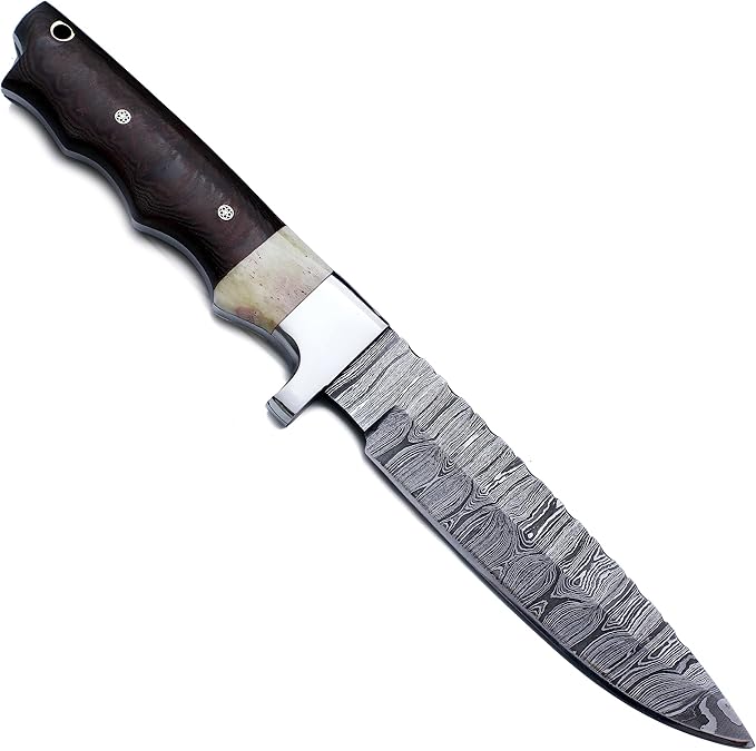 Handmade Damascus Steel Bowie Knife for Hunting, Survival, and Camping,bushcrafting and Fishing - Full Tang Micarta Handle, Fixed Blade with Flat Edge, Cowhide Leather Sheath WKD-794