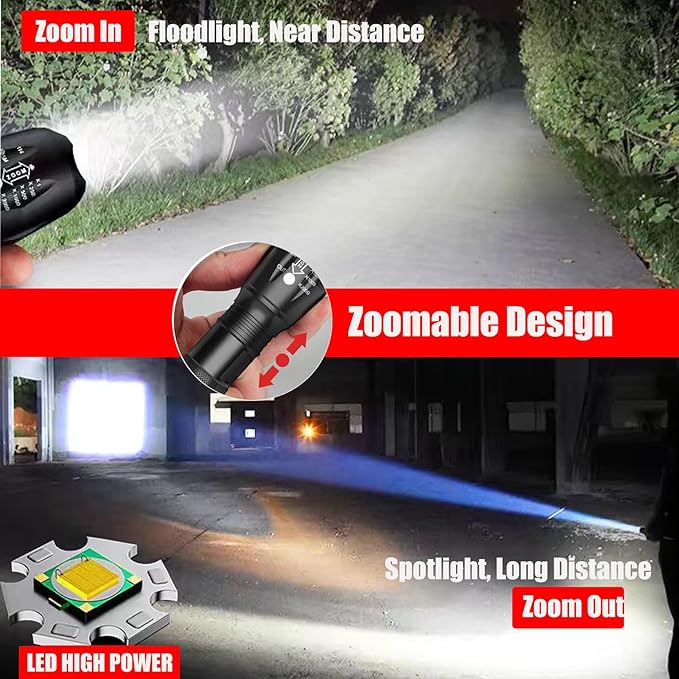 Tactical LED Flashlight, 3000 Lumens EDC Flashlight, Zoomable, Waterproof, Powerful Flashlights for Outdoor Camping, Hiking, Mini Flashlights for Gift Survival Emergency (4 Pack)