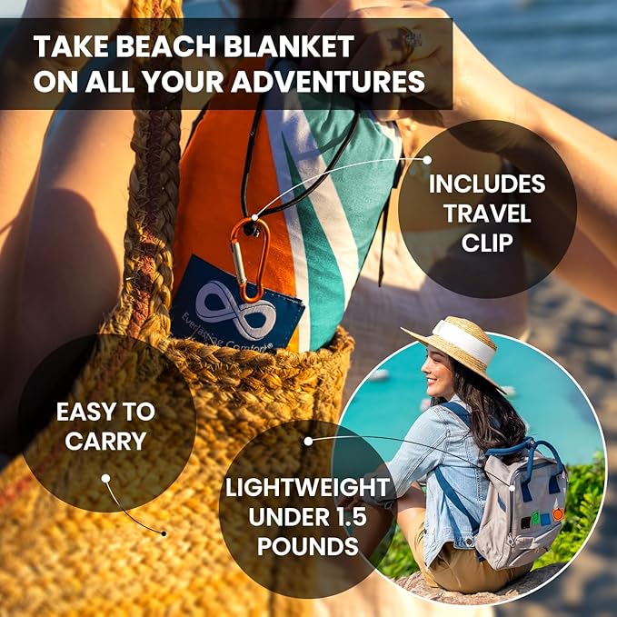 Everlasting Comfort Beach Blanket Waterproof Sandproof - Large Oversized Beach Mat for 10 People w/Stakes, Storage Bag - Beach Accessories for Family, Picnic, Concert, Travel
