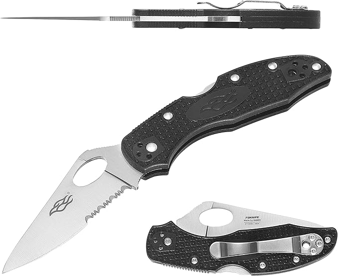 Firebird GANZO F759MS-BK Serrated Blade Pocket Folding Knife 440C Stainless Steel Serrated Blade Nylon Glass Fiber Anti-Slip Handle with Clip Fishing Camping EDC Knife (Black)