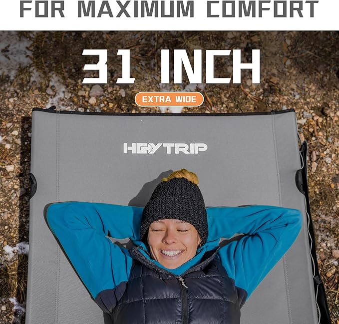 HEYTRIP Extra-Wide Camping Cot, Upgrade Sturdy Camping Bed, XXL Cots for Sleeping Support 500lb, Folding Cot with Side Pocket, Carry Bag Ultralight Backpacking Cot for Travel(Grey)