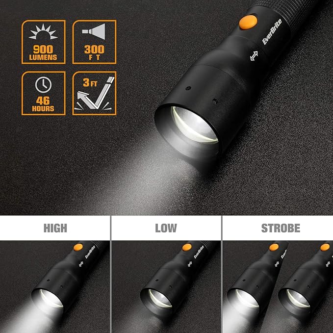 EverBrite Ultra Bright Tactical Flashlight, 900 Lumen Zoomable Adjustable Focus, 3 Light Modes, Heavy-duty Aluminum Torch for Hurricane Supplies Camping, includes 3C Alkaline Batteries