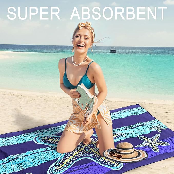 Bnuitland Starfish Pattern Beach Towel (35X75 inches), Oversized Quick Drying Absorbent Sand Free, Cute Towels for Travel Swimming Pool Picnic, 88% Polyester and 12% Polyamide, Blue