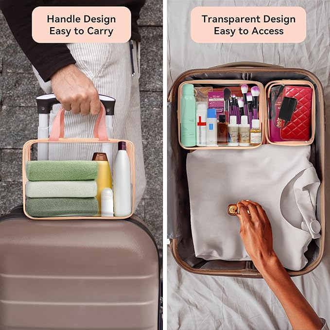 TISRATOK 10 PCS Clear Travel Makeup Toiletry Bag, Plastic PVC Cosmetic TSA Approved Organizer Kit with Zipper Handbag(Pink)