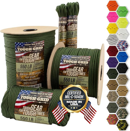 TOUGH-GRID Premium Camo Green Paracord 550 lbs Made in USA Outdoor Survival Nylon Rope Tactical Heavy Duty Strands Parachute Cord Used by US Military Type III Mil-Spec