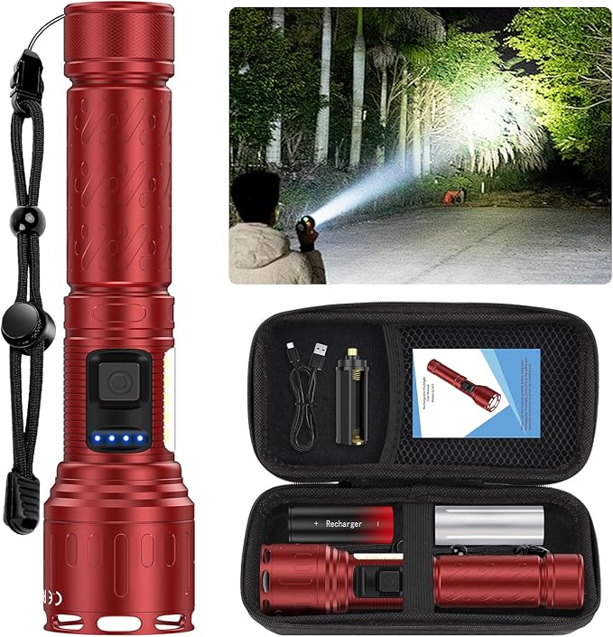 Flashlights 100,000 High Lumens Rechargeable - Super Bright LED Magnetic Flashlight with Sidelight 8 Modes Waterproof Powerful Handheld Flash Light for Emergency (1 Pack with Leather Box, Red)