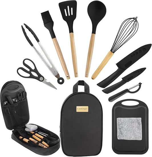 12PCS Camping Accessories Kitchen Cooking Utensils Set - Portable Outdoor Camp Cookware Set, Silicone Camper Essentials Gear Must Have Supplies for Travel RV BBQ Grill Picnic Hiking