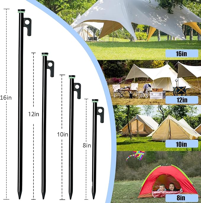 12 Pack Tent Stake with Hammer, 8in Heavy Duty Tent Stakes + 10in Camping Hammer+Storage Pouch, Forged Steel Tent Stakes for Camping Used on Rocks(12 Pack 8in Tent Stakes+Hammer)