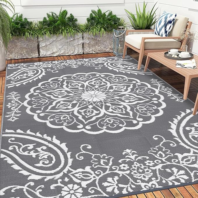 Pauwer Waterproof Outdoor Rug 6x9, Reversible Plastic Straw Patio Camping Rug, Indoor Outdoor RV Mat Carpet for Deck, Camper, Porch, Balcony, Backyard, Picnic, Boho Grey