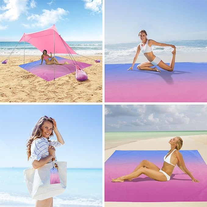 Large Beach Blanket Waterproof Sandproof, Blue Pink Gradient Weighted Polyester Picnic Blanket Windproof w/Stakes and Sand Pockets, Outdoor Camping Beach Mat Sand Free Fits 8 Adult for Travel, Hiking