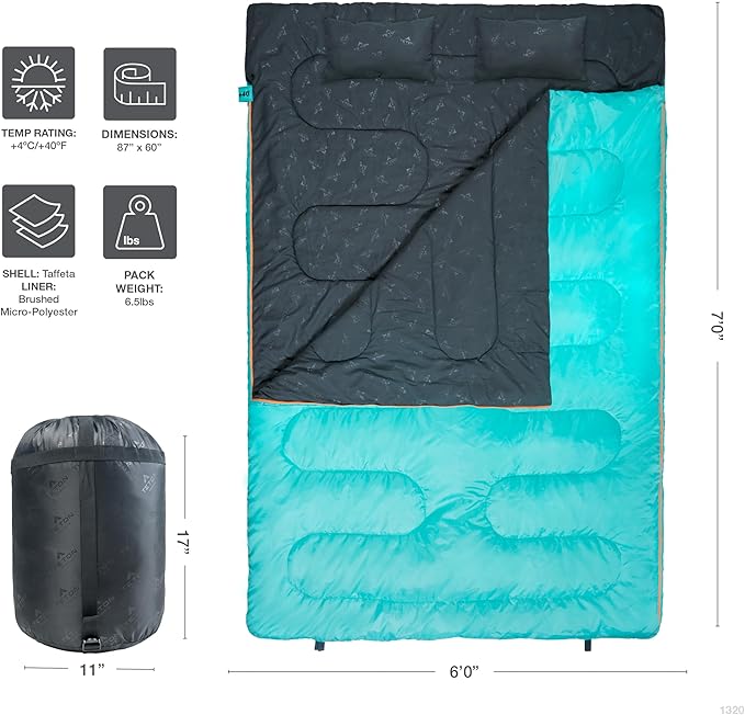 TETON Sports Cascade Double Sleeping Bag; Lightweight, Warm and Comfortable for Family Camping, Teal, 87" x 60"