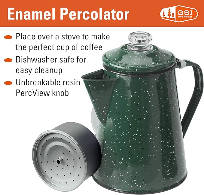 GSI Outdoors Percolator Coffee Pot | Enamelware Campfire Coffee Boiler Kettle for Outdoor Camping Cookware, Cabin, RV, Kitchen, Hunting & Backpacking