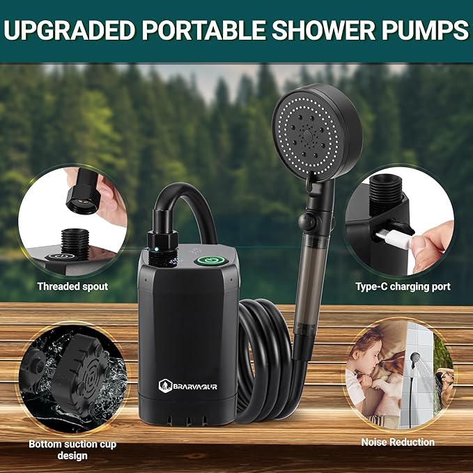Upgrade Outdoor Portable Camping Shower, 6000mAh Rechargeable Electric Shower Pump with Multifunctional Handheld Filter Shower Head, Suitable for Rinsing, Hiking, RV Travel, Beach Vacations