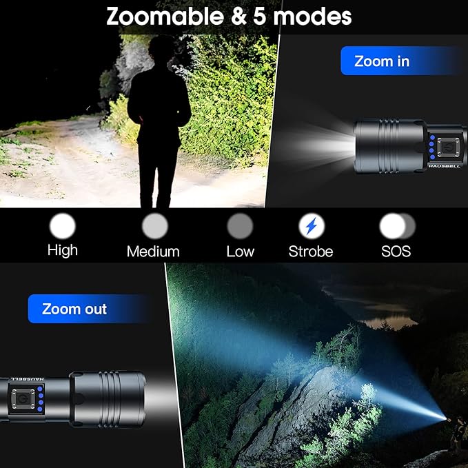 HAUSBELL Rechargeable LED Flashlights High Lumens, 20000 Lumens Super Bright Zoomable Waterproof Flashlight with 5 Modes, Input and Output, Powerful Handheld Flashlight (A300-1 Pack)