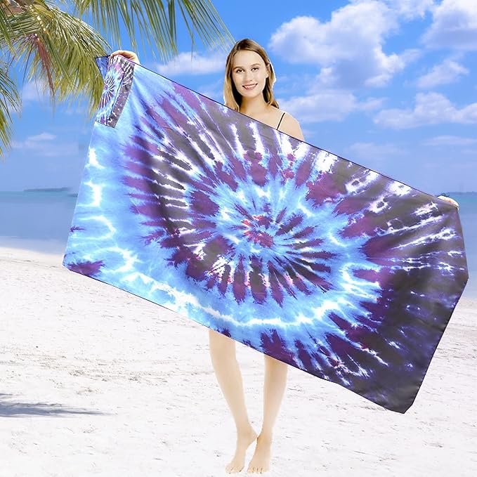 Beach Towel Microfiber Beach Towel with Pocket Sand Free Beach Blanket Super Lightweight Thin Towels for Swimming Pool, Camping, Picnic, Yoga Gym Sports, Blue Die dye Beach Towels (tie dye blue)