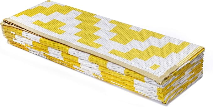 FH Home Outdoor Camping Rug - Waterproof, Fade Resistant, Reversible - Premium Recycled Plastic - Geometric - Large Patio, Deck, Sunroom, RV - Aztec - Yellow & White - 9 x 12 ft Foldable