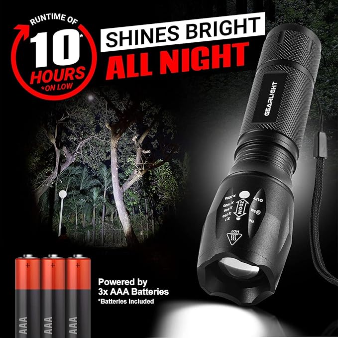 GearLight LED Flashlight Bright, Zoomable Tactical Flashlights with High Lumens and 5 Modes for Emergency and Outdoor Use -Camping Accessories -S1000